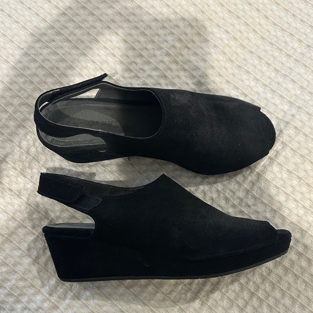 Chocolat Blu Black Suede Wedge Sandals